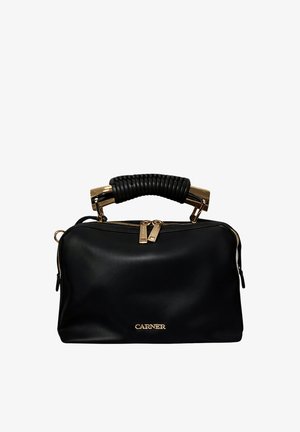 Borsa rettangolare nera con zip dorata, manico nero avvolto e logo "CARVER" dorato centrato sul davanti.