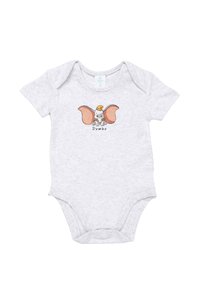 Light gray baby onesie with Dumbo graphic showing the elephant with large ears and a yellow hat, and the word "Dumbo" underneath.