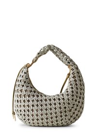 Woven handbag in gray and beige, featuring a curved shape, a textured surface, and a single shoulder strap with gold hardware accents.