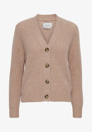 Cardigan lavorato a maglia rosa chiaro con scollo a V, dotato di quattro grandi bottoni marroni, polsini a costine e un motivo testurizzato su tutta la superficie.