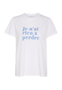 Bílá bavlněná tričko s krátkým rukávem a kulatým výstřihem, s modrým textem "Je n’ai rien à perdre" v tučném písmu.
