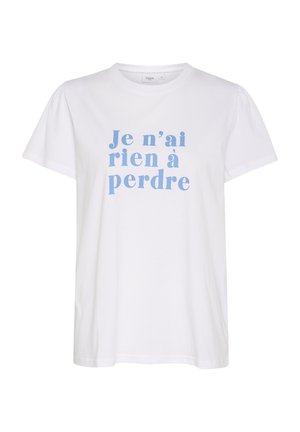 Valge puuvillane T-särk lühikeste varrukatega ja ümmarguse kaelusega, millel on sinise värviga tekst "Je n’ai rien à perdre" rasvases fondis.
