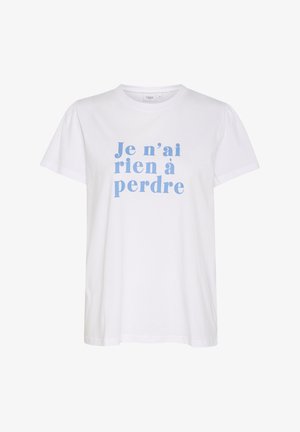 Valge puuvillane T-särk lühikeste varrukatega ja ümmarguse kaelusega, millel on sinise värviga tekst "Je n’ai rien à perdre" rasvases fondis.