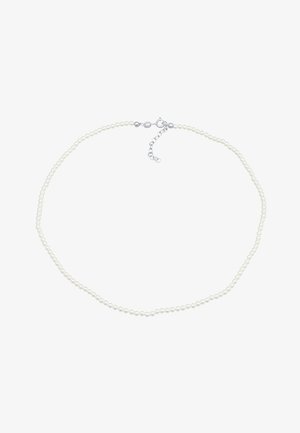 Perlenkette mit kleinen, runden, weißen Perlen und einem silberfarbenen Verschluss. Verfügt über eine verstellbare Kette zur Anpassung der Länge.