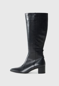 Knee-high black leather boots with a pointed toe, block heel, and a smooth texture; features a subtle side accent detail.