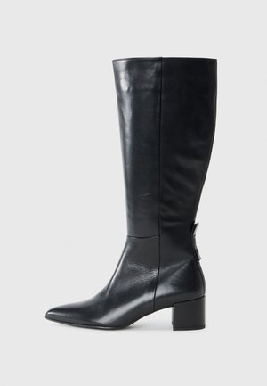 Knee-high black leather boots with a pointed toe, block heel, and a smooth texture; features a subtle side accent detail.