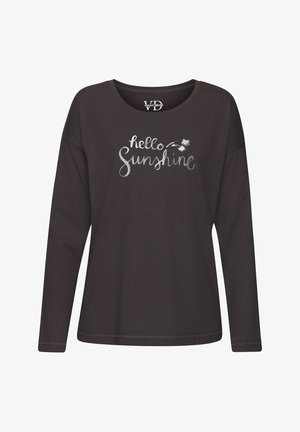 T-shirt noir à manches longues en coton ; présente le texte "hello Sunshine" brodé en argent ; col rond et ourlet cousu.