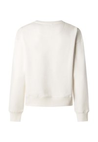 Biela mikina s okrúhlym výstrihom, dlhými rukávmi a rebrovanými manžetami. Mäkká tkanina a mierne skrátený lem pre pohodlný strih.