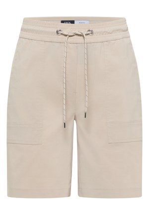 Pantalones cortos de algodón beige con cinturilla elástica, cordón ajustable, bolsillos de parche laterales y puntas metálicas.