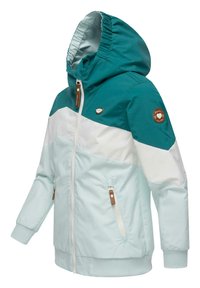 Teal och vit huva jacka med dragkedja framtill, elastiska ärmslut och sidofickor med bruna detaljer. Slät, lättviktig tygfinish.