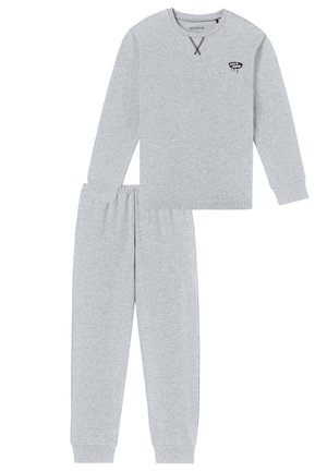 Hellgraues Schlafanzugset mit einem langärmeligen Oberteil mit rundem Ausschnitt und kleinem Logo, kombiniert mit einer Hose mit elastischem Bund und gerippten Bündchen an den Knöcheln.