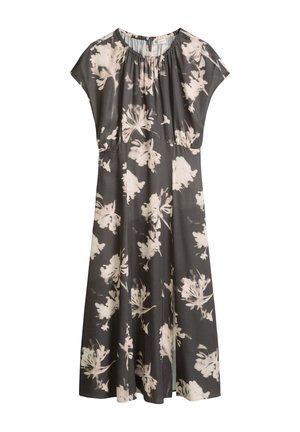 Robe midi gris foncé à manches courtes, encolure froncée et imprimé floral beige clair sur toute la surface.