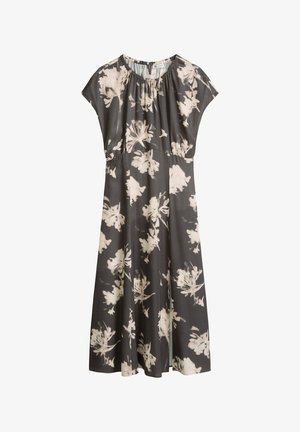 Robe midi gris foncé à manches courtes, encolure froncée et imprimé floral beige clair sur toute la surface.
