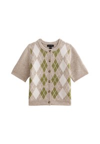 Cardigan beige a maniche corte con chiusura a bottoni e motivo argyle verde, bianco e beige sul davanti.