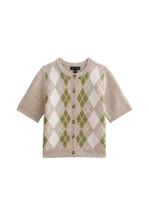 Beige short-sleeve cardigan with button closure and green, white, and tan argyle pattern on front.