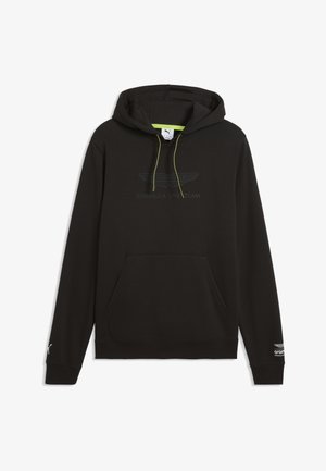 Czarna bluza z kapturem z kieszenią z przodu, neonowo żółtymi sznurkami i subtelnym logo zespołu Aston Martin Formula One na piersi i rękawie.