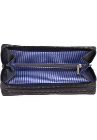 Dark blue leather wallet with a zip closure, featuring a gingham-patterned fabric lining and divided compartments for organization.