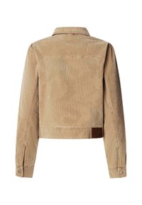 Tan corduroy jack met een kraag, lange mouwen en knoopmanchetten. Heeft een achterste yoke-naad en een leren merklabel aan de onderzijde.