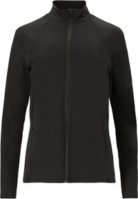 Zwarte softshell jas met een hoge kraag, volledige rits aan de voorkant en raglanmouwen. Beschikt over zijzakken en heeft een soepele, rekbare textuur.
