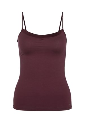Burgunderfarbene ärmellose Bluse mit V-Ausschnitt, aus glattem Material gefertigt. Verstellbare Träger und eine figurnahe Silhouette ohne auffällige Muster.
