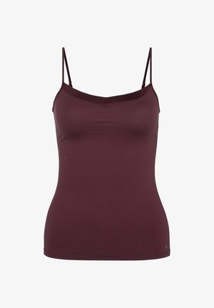 Top senza maniche color bordeaux con scollatura a V, realizzato in tessuto morbido. Spalline regolabili e una silhouette aderente senza motivi particolari.