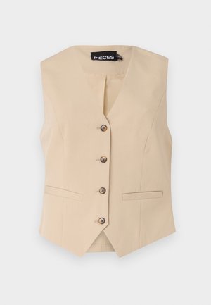 Gilet beige senza maniche con scollo a V, cinque bottoni marroni e due tasche frontali. Tessuto liscio con una vestibilità su misura e una silhouette elegante.