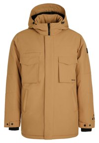 Braune isolierte Jacke mit Kapuze, zwei Brusttaschen, Seitentaschen, Frontreißverschluss und verstellbaren Manschetten. Glattes Material mit matter Oberfläche.