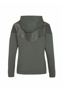 Donker groene hoodie met een gestructureerde, gemarmerde achterkant. Gemaakt van zacht materiaal met een ontspannen pasvorm en geribbelde boorden.