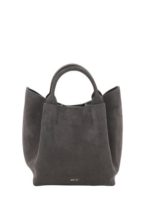 Dark gray suede handbag with short handles and a soft, unstructured shape, small gold logo at the bottom center.