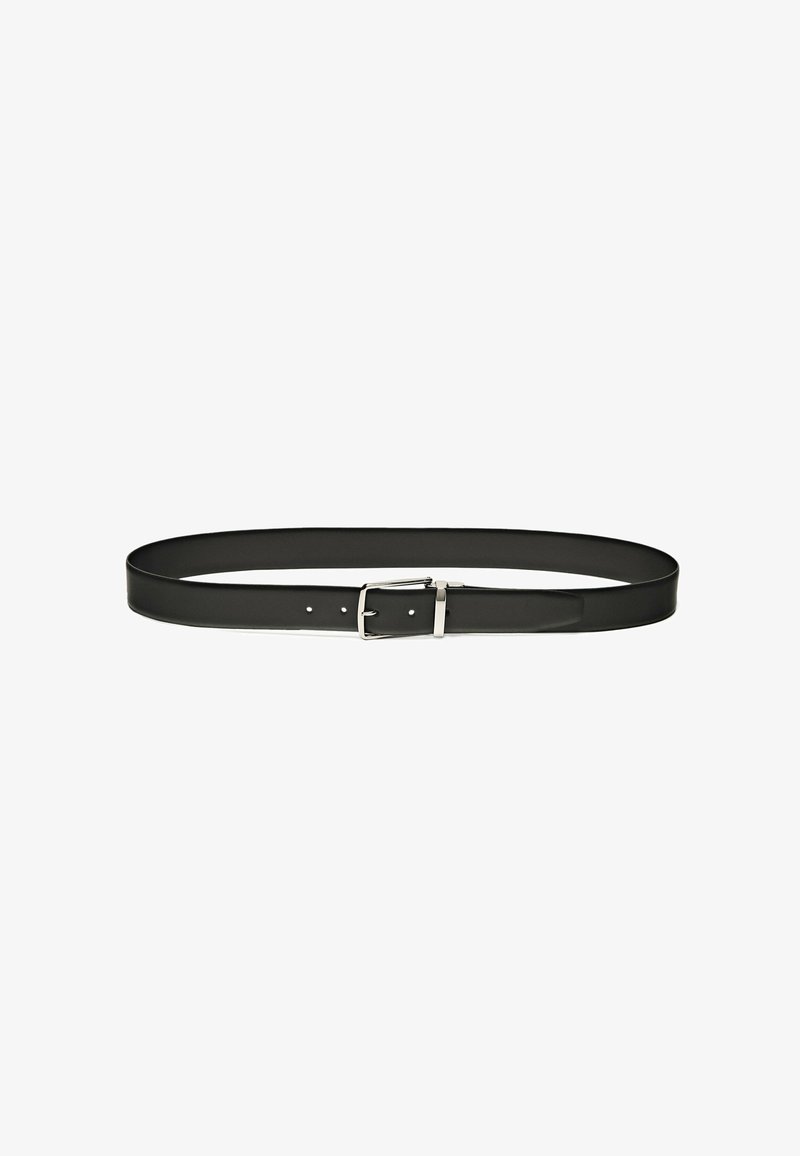 Black leather belt with a shiny silver metal buckle. Features five holes for adjustment, smooth texture, and a classic design.