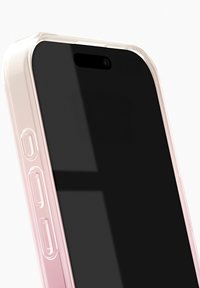 Przezroczyste etui na smartfon z różową krawędzią, wyposażone w boczne przyciski i czarny ekran. Gładka faktura, smukły design.