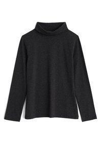 Svart polotröja i mjukt tyg, med långa ärmar och avslappnad passform. Slät textur utan synliga mönster eller dekorationer.