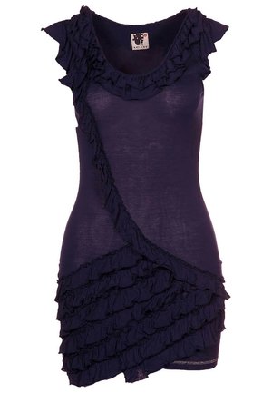 Robe bleu marine sans manches avec volants superposés le long de l'encolure, en diagonale à l'avant et sur la jupe, fabriquée en tissu léger.