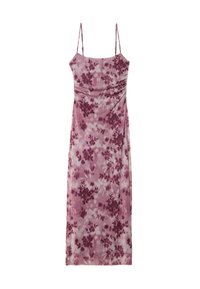 Robe sans manches en tissu violet clair avec impression florale dans des nuances de violet plus foncé. Présente un corsage ajusté et des détails drapés sur la jupe.