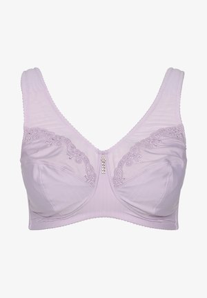 Reggiseno viola chiaro con tessuto testurizzato, dettagli in pizzo ricamato sulle coppe e un accento di strass al ponte centrale. Spalline larghe.