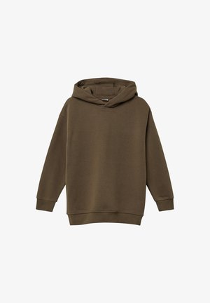 Brązowa bluza z kapturem wykonana z miękkiego materiału. Posiada długie rękawy, luźny krój oraz prosty design z przednią kieszenią.
