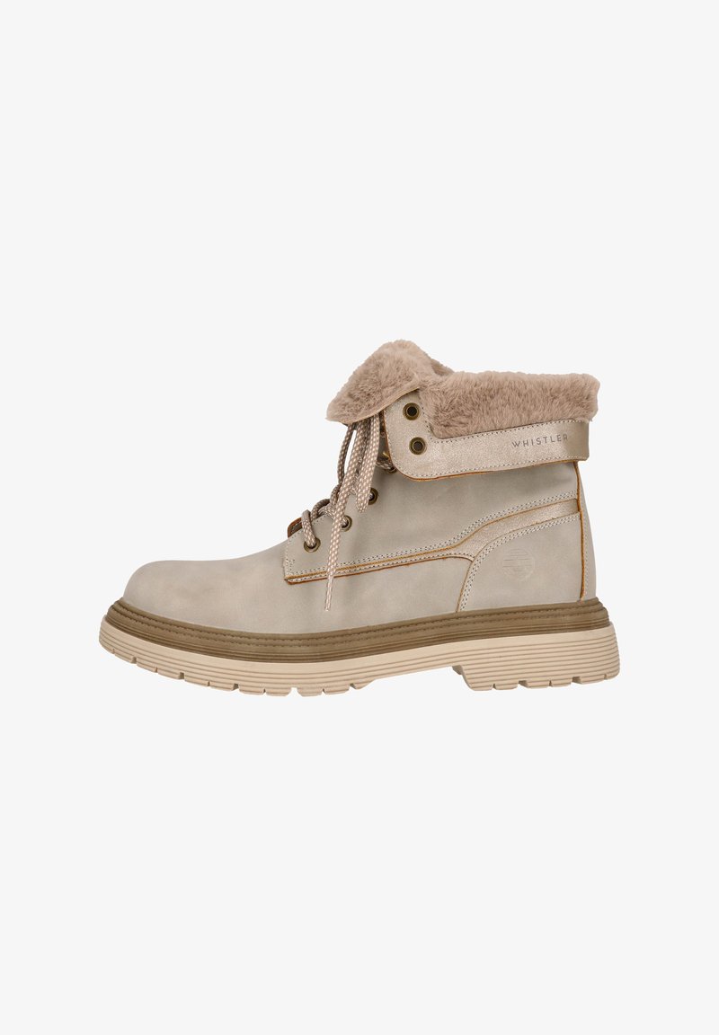 Beige Schnürboots mit künstlichem Pelzkragen, hellbrauner Sohle, runder Zehenform und Metallösen. Branding an der Seite. Strukturierte Obermaterial.
