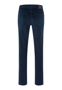 Donkerblauwe corduroy broek met een recht gesneden design, voorzien van twee achterzakken en een label op de tailleband. Gelaagd stof met verticale ribbels.