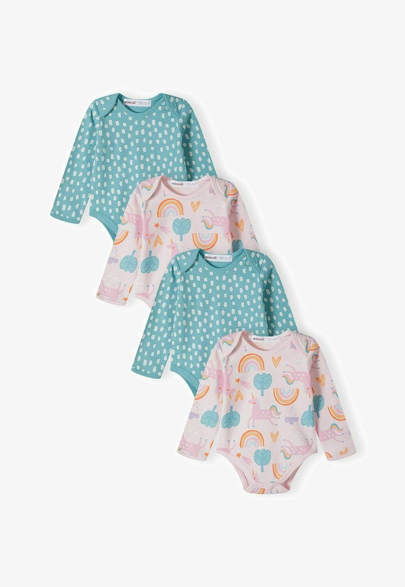 Trys ilgomis rankovėmis bodysuitų rinkinys. Vienas žalsvai mėlynas su baltais taškeliais, vienas rožinis su vizualiai margais vaivorykštės ir vienaragių raštais, ir dar vienas žalsvai mėlynas vienspalvis.