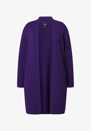 Lange paarse open-front cardigan met lange mouwen en twee voorkruiszakken, gemaakt van zachte gebreide stof.