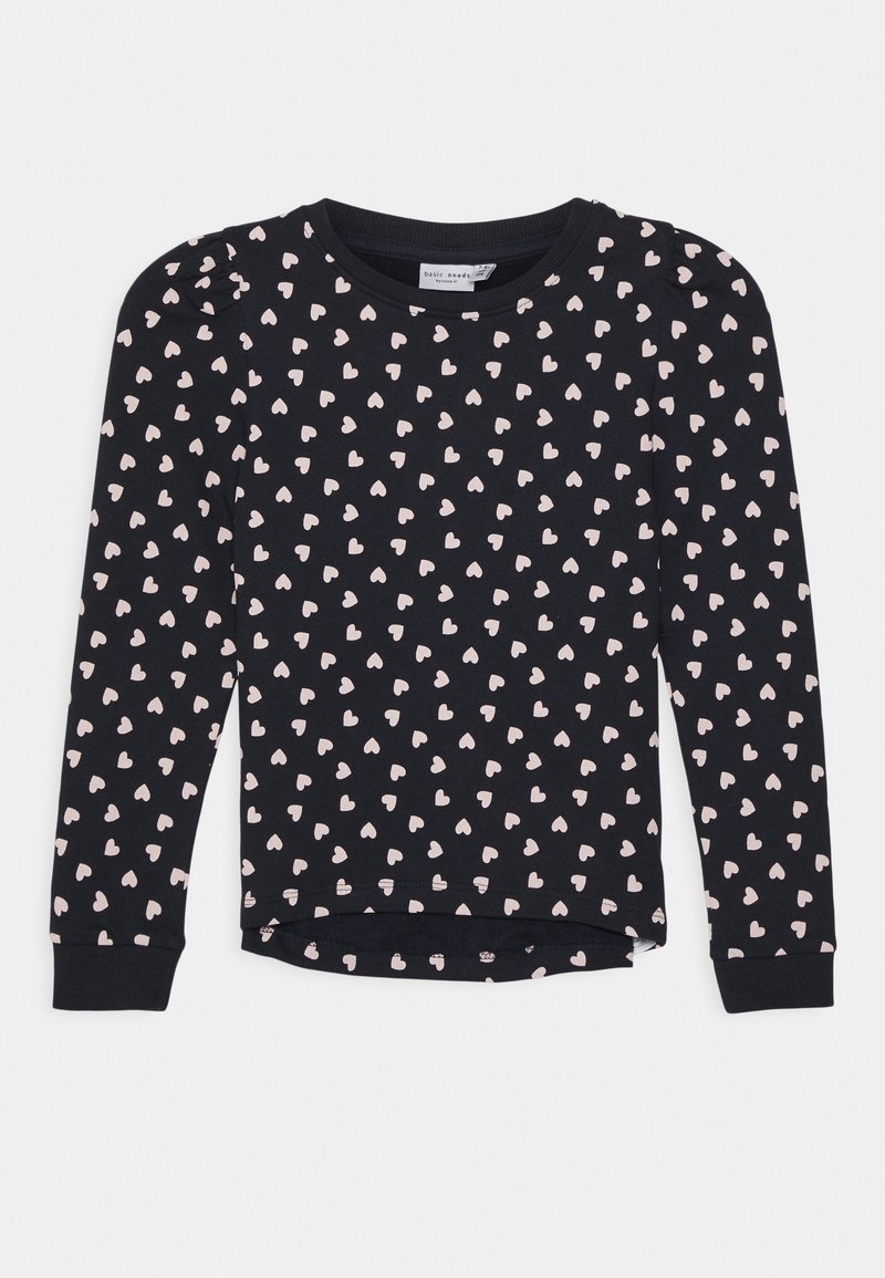 Chemise noire à manches longues avec motif de cœur rose clair, col rond et léger détail bouffant aux épaules.