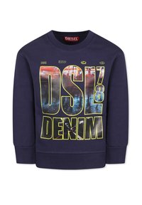 Felpa color blu navy in cotone, con grande scritta grafica "DSL'8 DENIM" in giallo su sfondo fotografico. Polsini a coste.