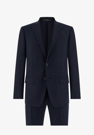 Veste de costume pour homme bleu marine à deux boutons, avec revers crantés, poches à rabat et une poche poitrine passepoilée, présentée sur un fond blanc.