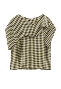 Haut à manches courtes pour femme avec motif à carreaux noir et beige et détail asymétrique en tissu superposé sur une épaule.