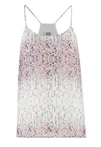 Lekki, bezrękawnik z pastelowym nadrukiem kwiatowym w odcieniach różu, fioletu i zieleni. Półprzezroczysta tkanina z cienkimi ramiączkami.