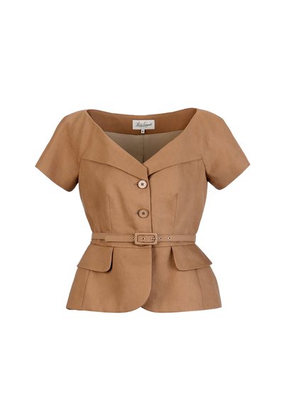 Brown short-sleeve tailored jacket with wide collar, front buttons, matching belt, and two flap pockets at waist on white background.