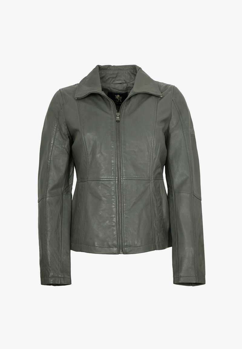 Grüne Lederjacke mit spitzem Kragen, Reißverschluss und Nahtdetails. Verfügt über lange Ärmel und eine glatte Textur.
