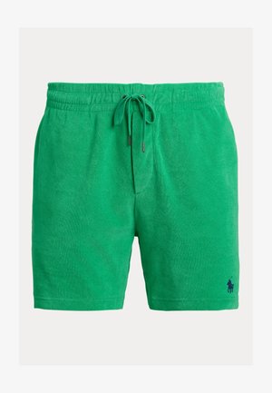 Zielone szorty z frotté z elastycznym pasem, sznurkiem do wiązania oraz małym ciemnym logo blisko dolnego brzegu na lewej nogawce.