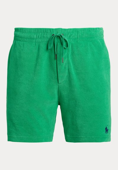 Πράσινα σόρτς από περκάλι με ελαστική μέση, κορδόνι και μικρό σκοτεινό λογότυπο κοντά στο κάτω τελείωμα στον αριστερό πόδι.