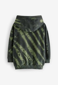 Dunkelgrüner Tie-Dye-Hoodie mit strukturierter Oberfläche, ausgestattet mit einer Vordertasche und einer verstellbaren Kapuze, von hinten angezeigt.